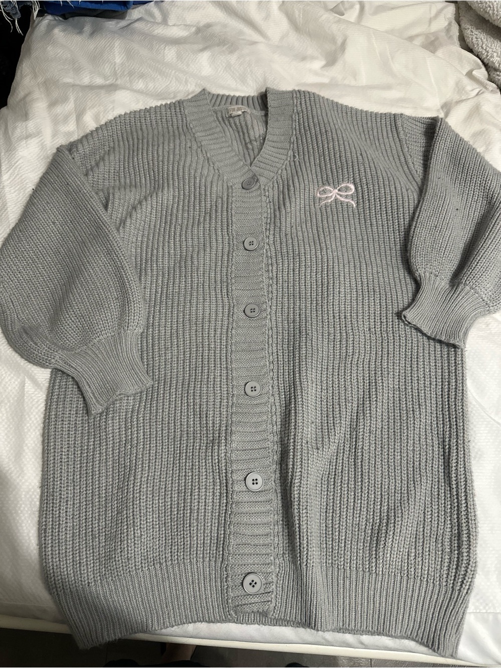 J for Justify Light Gray Button-Front Knit Cardigan with Pink Bow